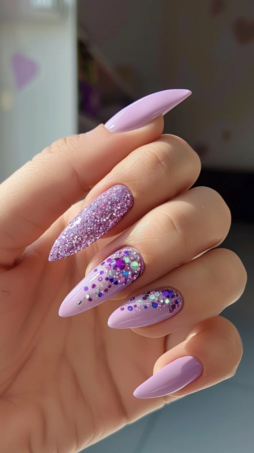 A combination of gloss and glitter, this design has a light purple base with accent nails covered in sparkling purple glitter and rhinestones. The contrast between smooth polish and glitter creates a dazzling effect. 