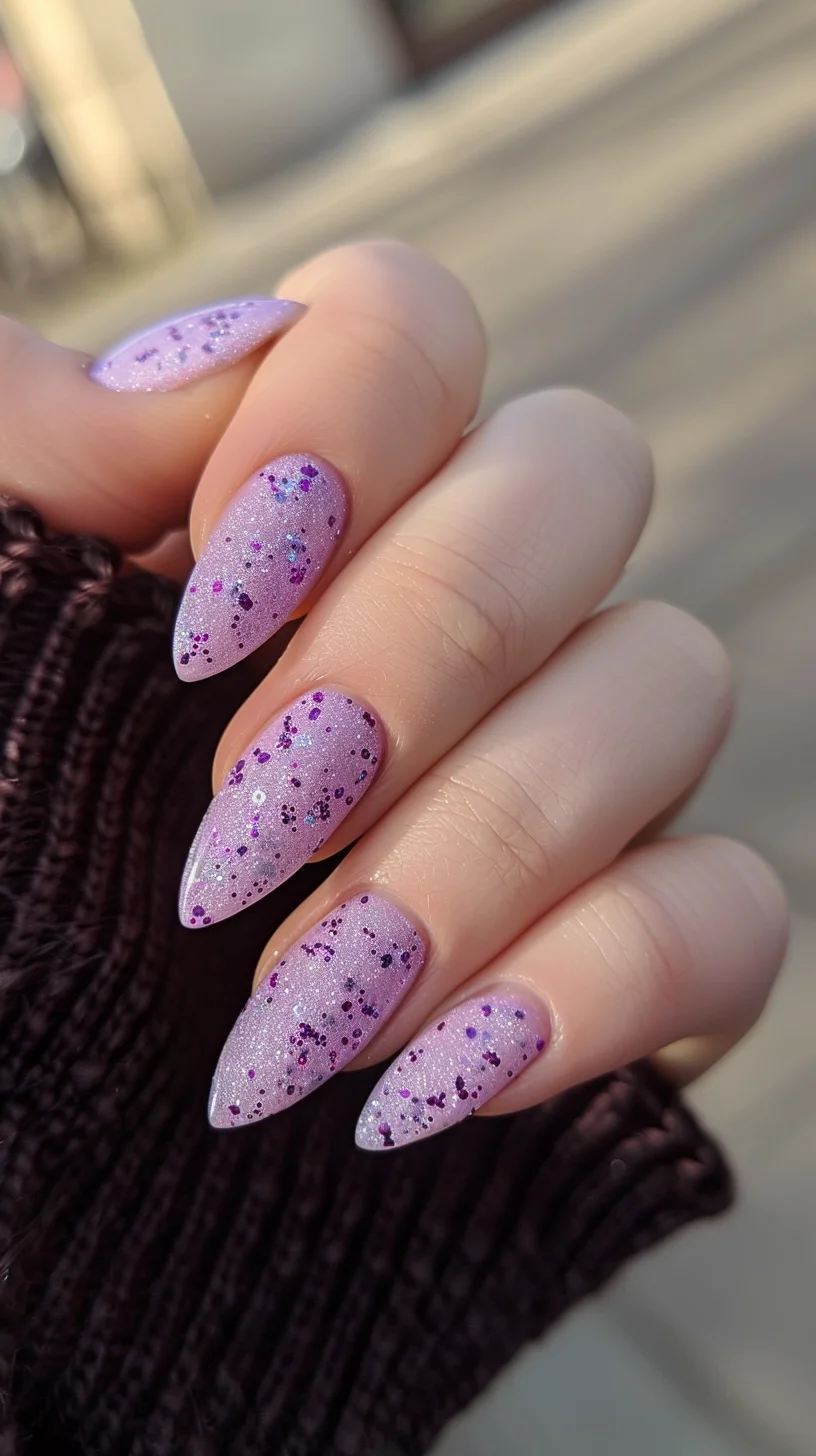 This design features a soft purple base with a matte finish, sprinkled with tiny glitter particles. The minimalistic glitter adds a subtle shimmer, making the nails look chic and refined.