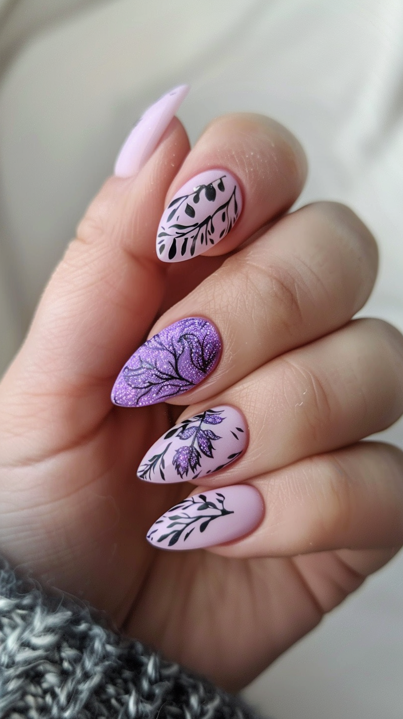 A blend of art and sparkle, this design has a light purple base with nails adorned with abstract floral patterns and glitter. The unique placement of flowers and glitter creates a visually appealing and artistic look.