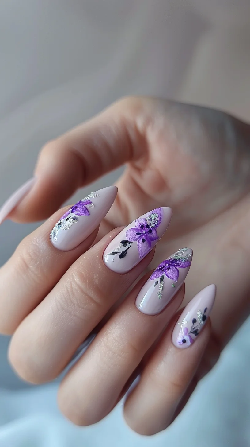 Elegant and detailed, this design showcases a light purple base with a glossy finish. The accent nails are decorated with intricate patterns and tiny pearls, adding a touch of sophistication and charm.