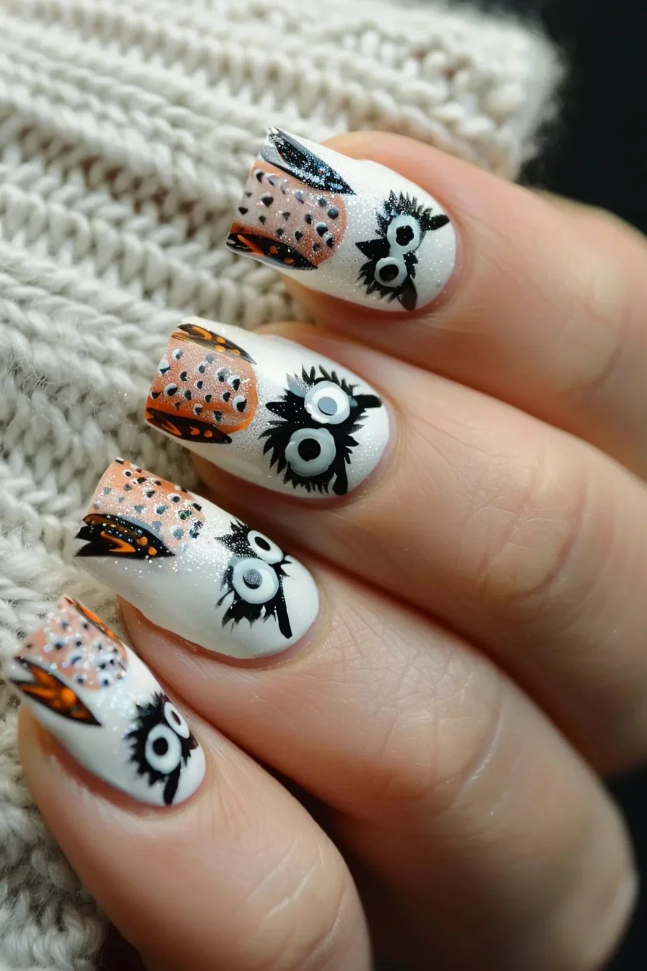 This design also features colorful owls, but with a slightly different approach. The owls have a white base with black and orange details, creating a more autumn-inspired look. The owls' eyes are big and expressive, and the nails have a slight shimmer, adding a bit of sparkle to the overall appearance.