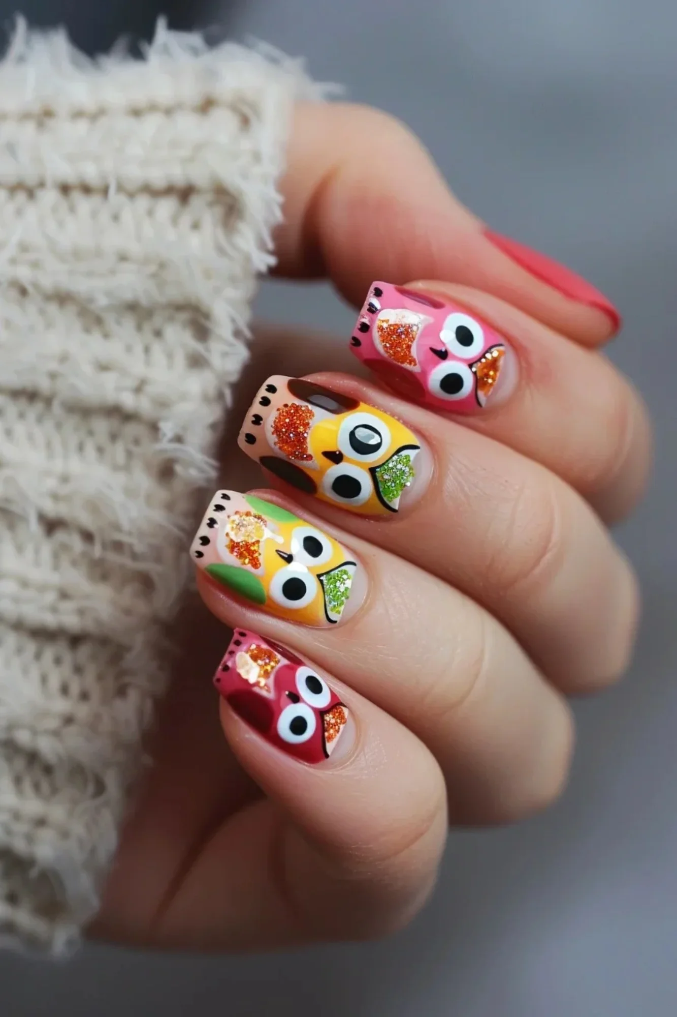 The nails showcase a playful and colorful owl design. Each nail has a different brightly colored owl (yellow, red, pink, and green) with large eyes and glittery accents. The vibrant colors and fun design make this a cheerful and lively nail art.