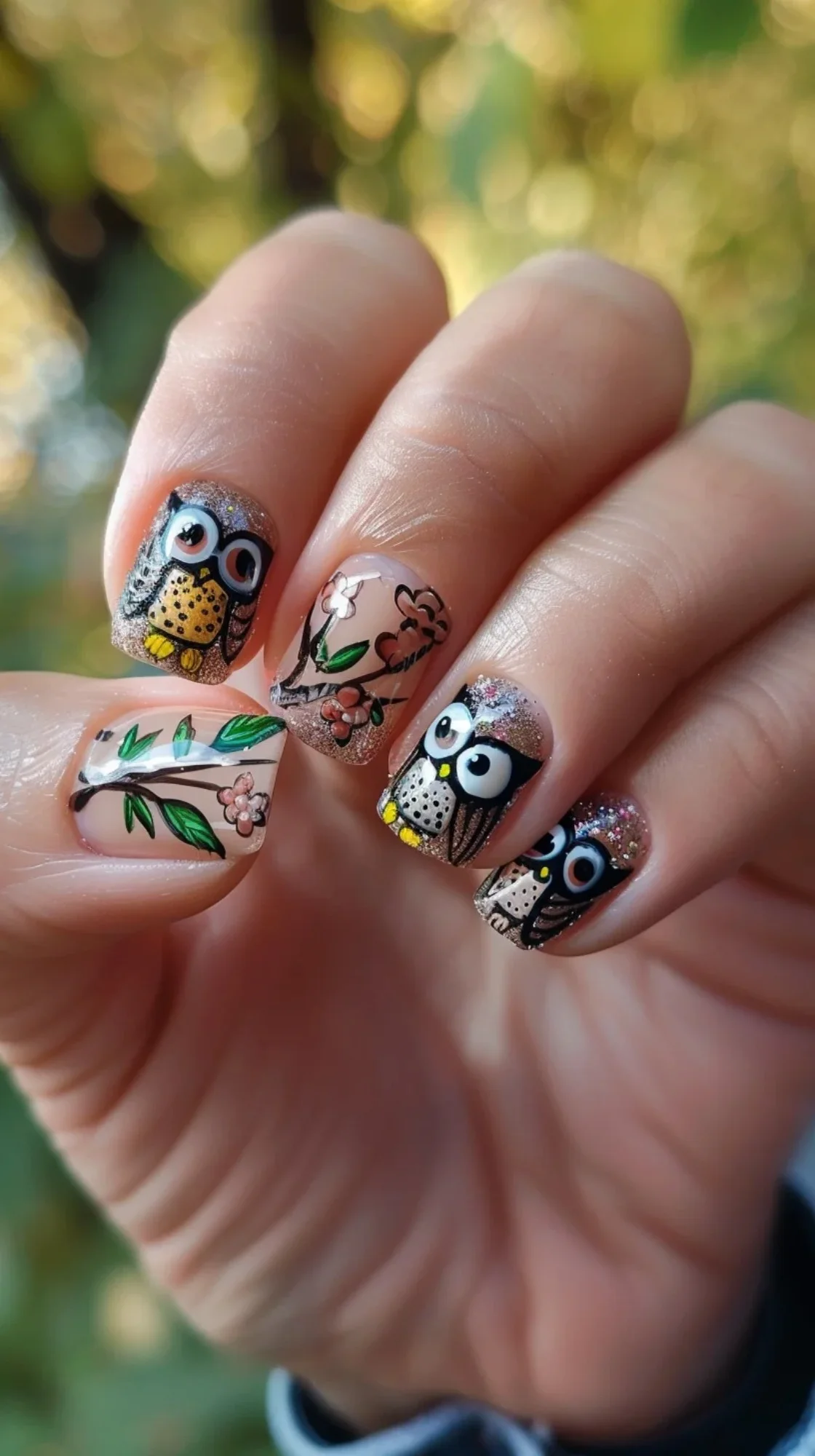 This nail art features owls with a nature theme. The owls are placed against a background of branches and leaves, giving a natural and earthy vibe to the design.
