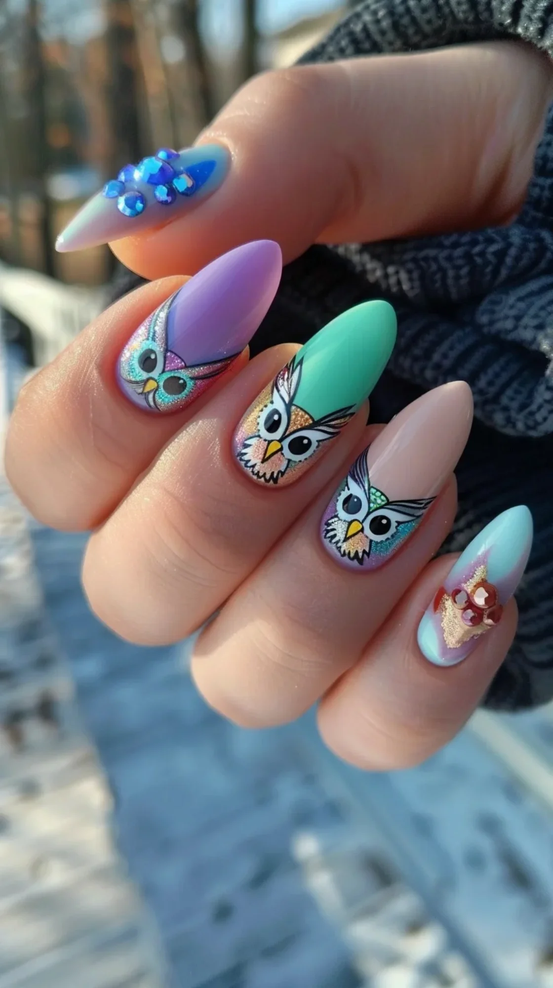 This design showcases owls in pastel colors. Each nail features a different pastel shade, creating a colorful and cohesive look with detailed owl illustrations.