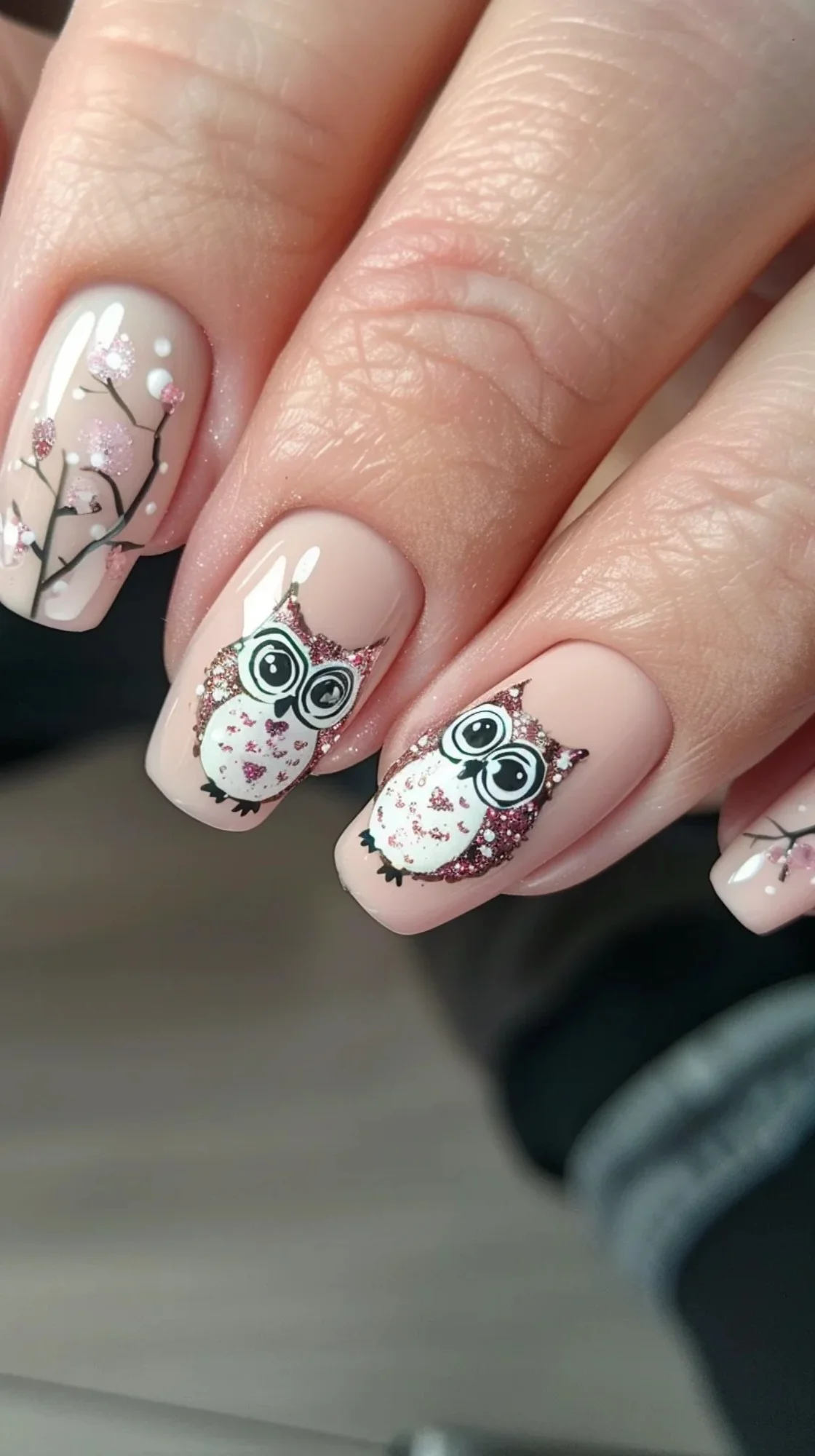 The nail art features owls in pink hues with glittery details. The branches are adorned with pink blossoms, adding a feminine and delicate touch to the design.