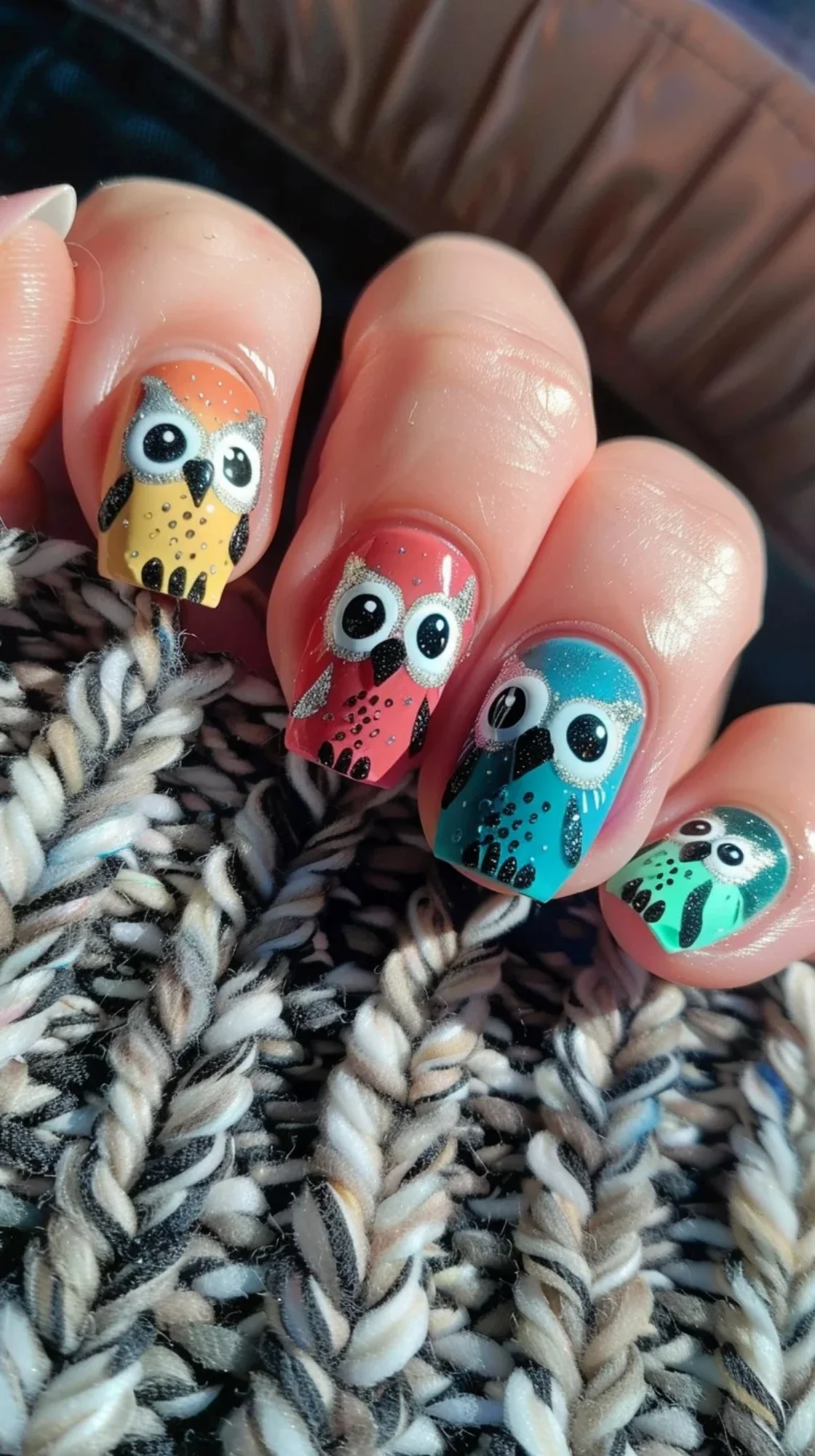 The nail art features owls in a variety of colors, each nail displaying a different owl. The vibrant background complements the quirky and colorful owls.
