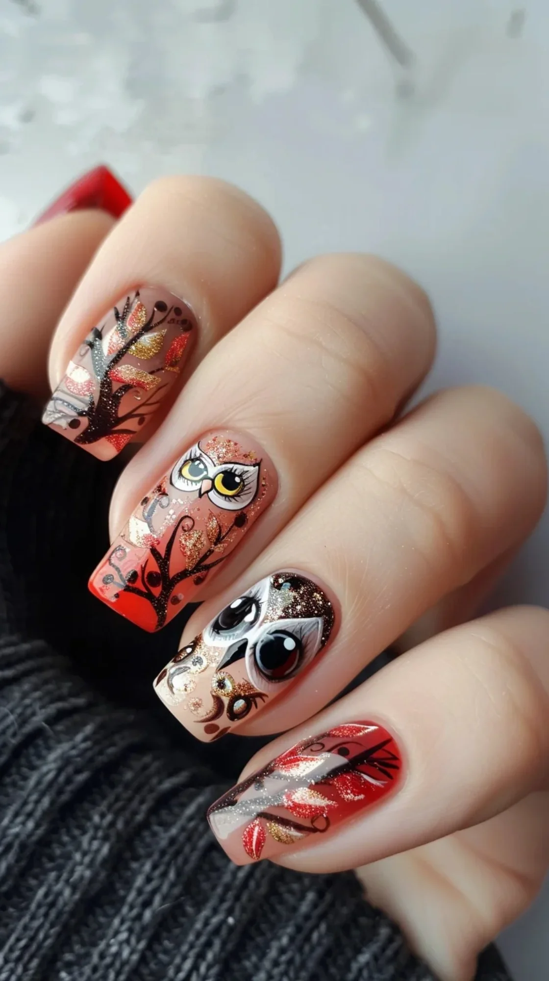This design presents owls amidst autumn leaves. The colors are warm and earthy, and the glittery details add a touch of glamour to the overall look.