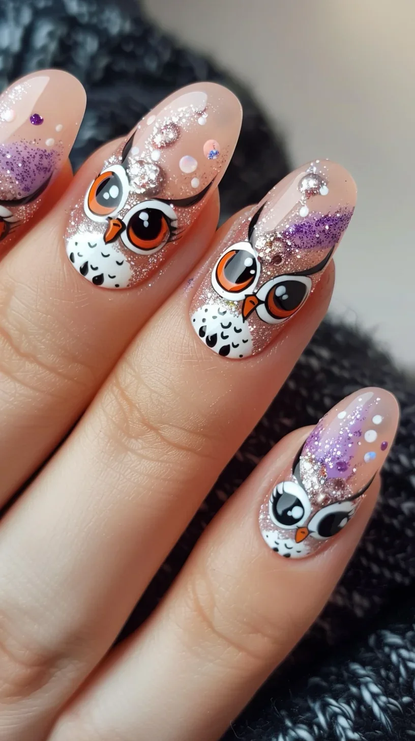 This nail art features playful owls with expressive eyes. The design is enhanced with glitter and colorful accents, giving it a fun and sparkly appearance.