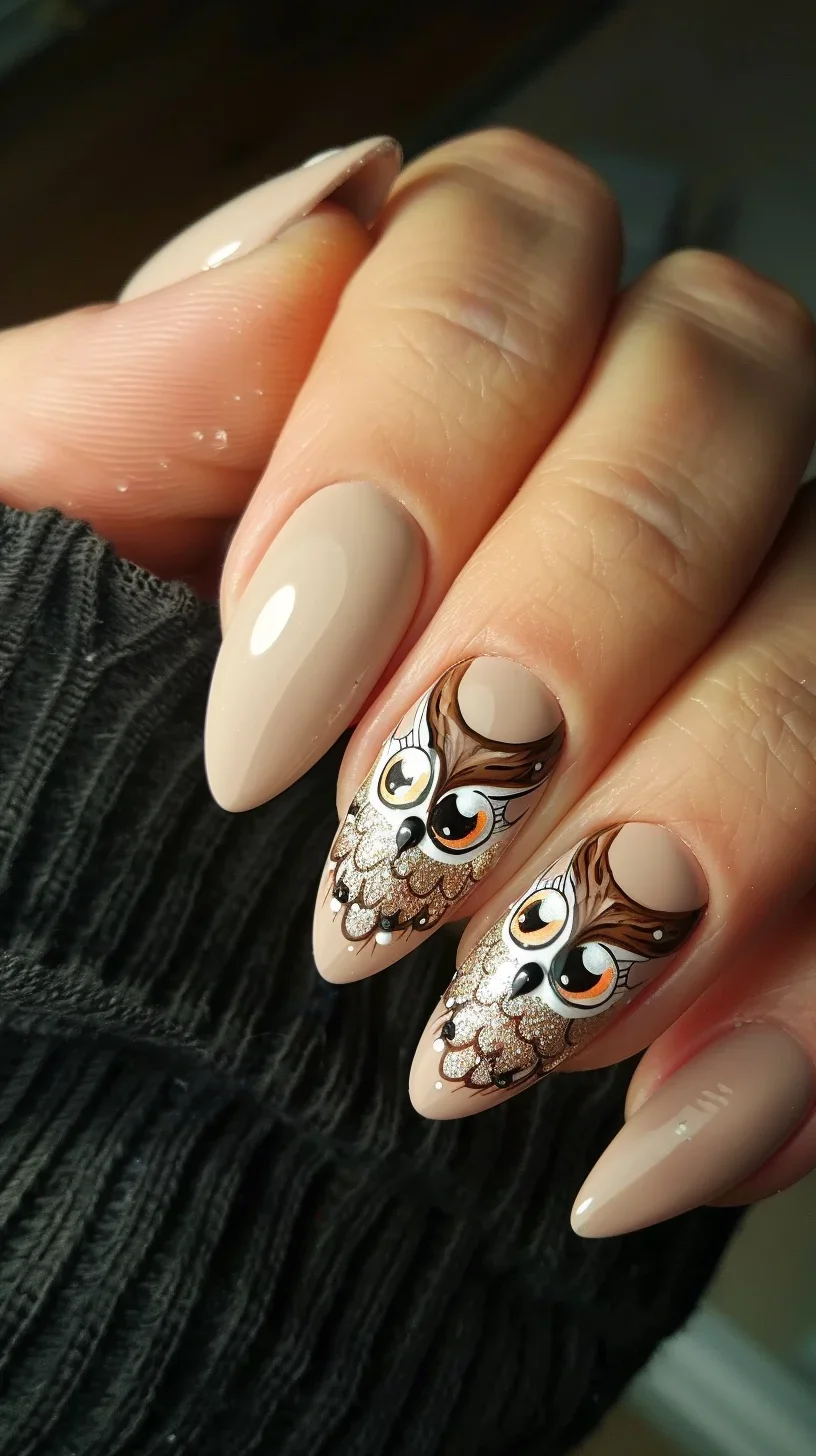 This design has a sophisticated look with owls featuring detailed feather patterns. The owls are brown and are placed against a neutral background, making them stand out beautifully.