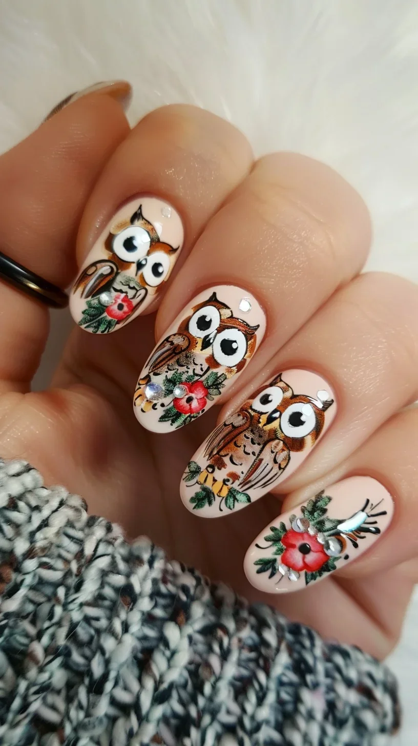  This nail art showcases a family of owls with intricate details. The owls are brown with large eyes, and they are surrounded by colorful flowers, creating a vibrant look.