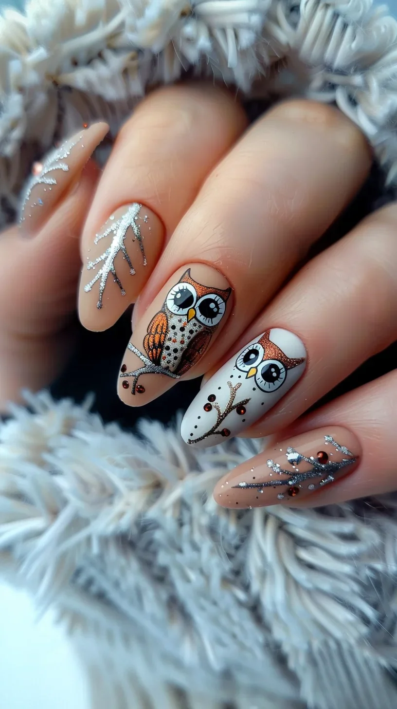 Featuring a snowy theme, this design shows owls perched on branches with silver and white accents. The subtle glitter adds a frosty touch, making it an elegant choice for winter or holiday seasons.