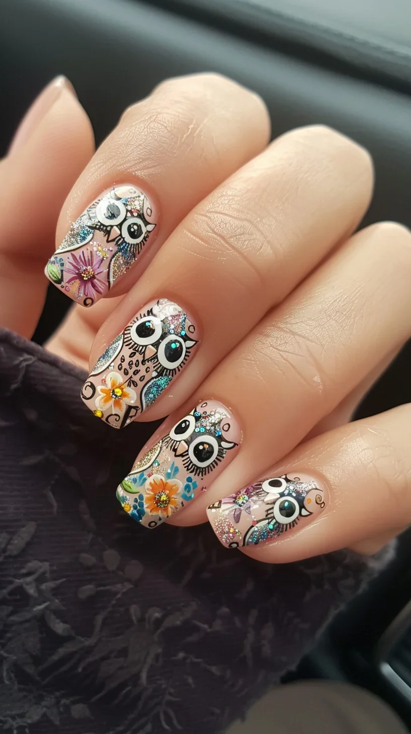 This floral-inspired nail art combines detailed owl illustrations with colorful flowers. The vibrant blooms and playful owls create a lively, garden-like scene on your nails, perfect for spring.