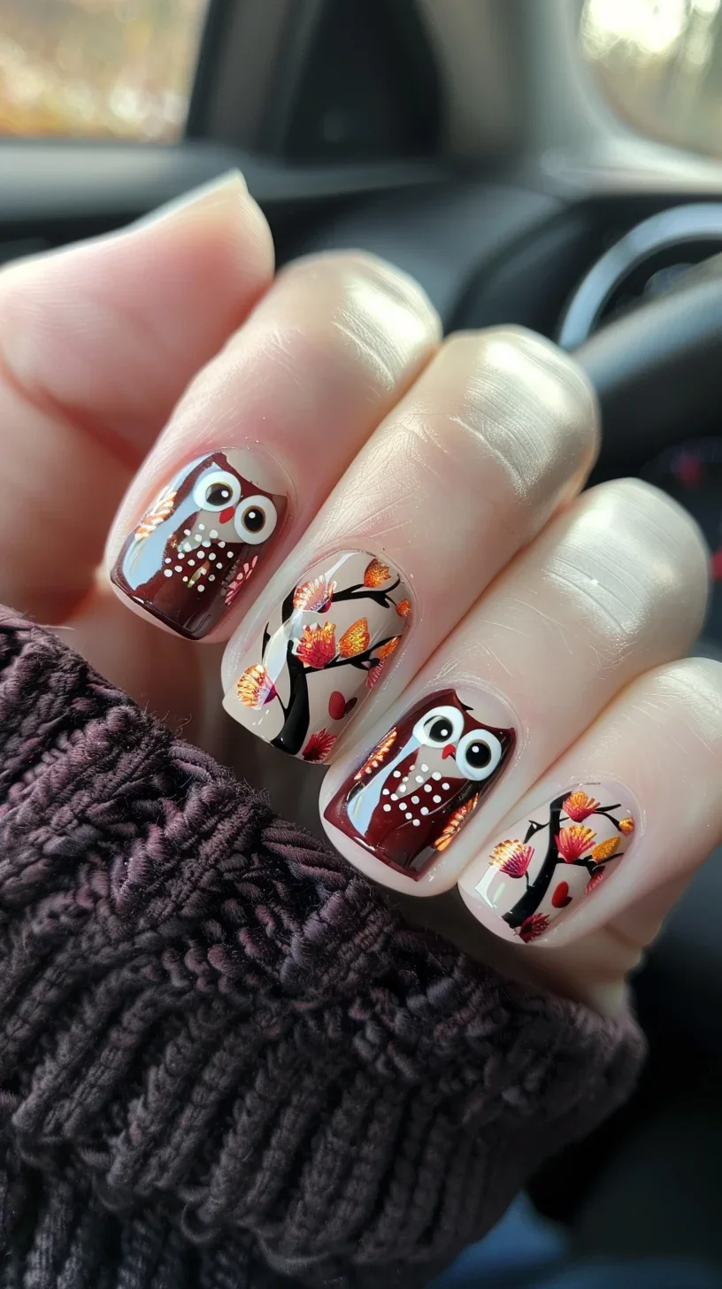Owls perched on branches with fall foliage dominate this nail art design. The rich, earthy tones and detailed illustrations evoke the cozy atmosphere of autumn, perfect for the season.