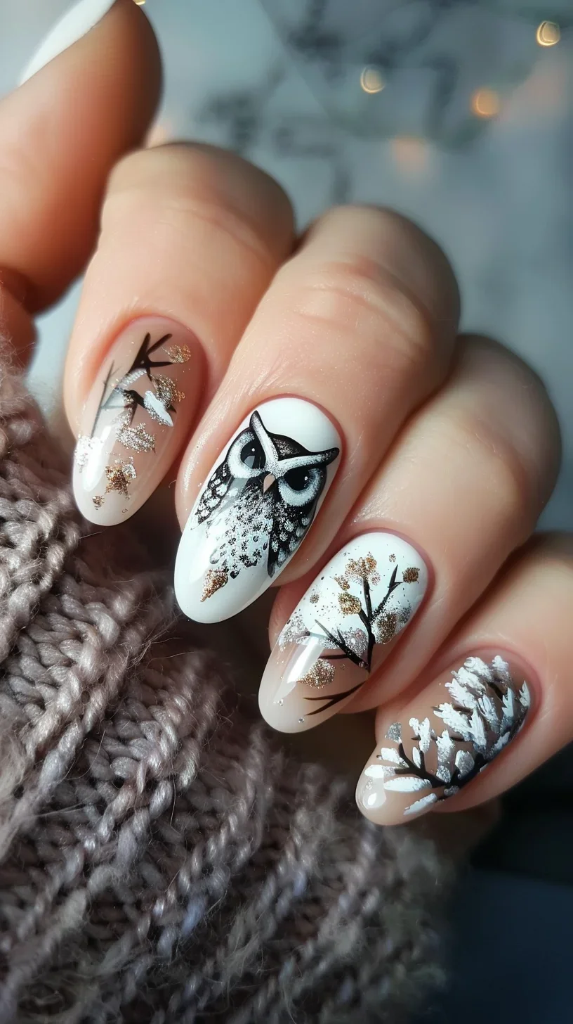 With a wintry theme, this design features a black and white owl amid delicate, snow-covered branches. The muted color palette and glitter accents create a serene and elegant winter look.