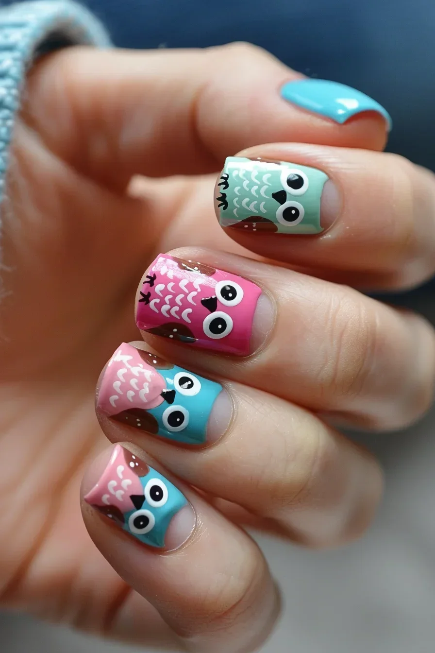 This nail art showcases cute, pastel-colored owls on a light blue base. The mix of pink, green, and blue hues adds a soft, playful touch, making it a great choice for a sweet and casual look.