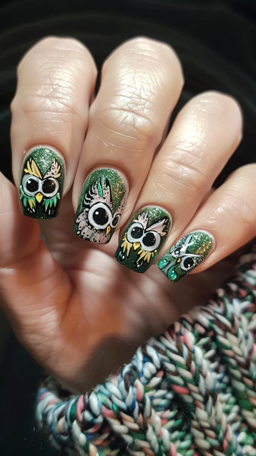 Green glitter polish sets the background for these charming owl illustrations. The combination of sparkles and detailed owl designs makes this nail art both whimsical and glamorous.