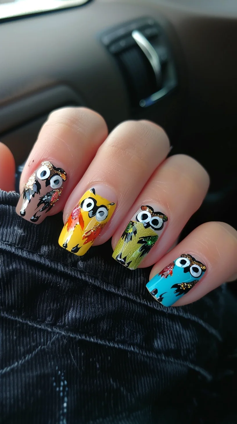 Featuring a lineup of cartoonish owls in various bright colors, this design is playful and eye-catching. The mix of yellow, blue, green, and brown owls adds a fun and lively vibe to your nails.