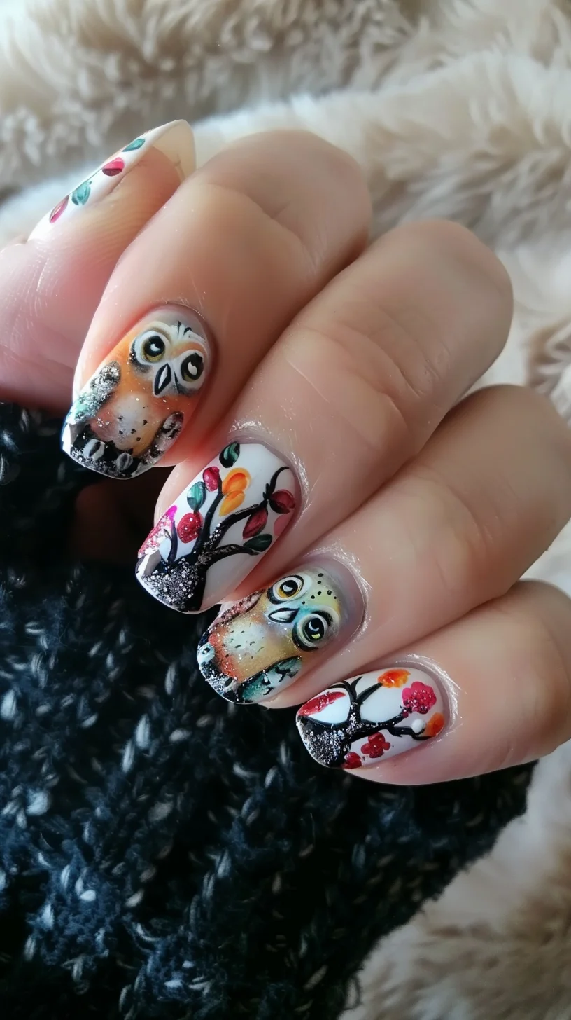 This nail art design showcases owls perched on branches with vibrant, autumnal foliage. The detailed owls and colorful leaves create a warm and inviting look, perfect for the fall season.