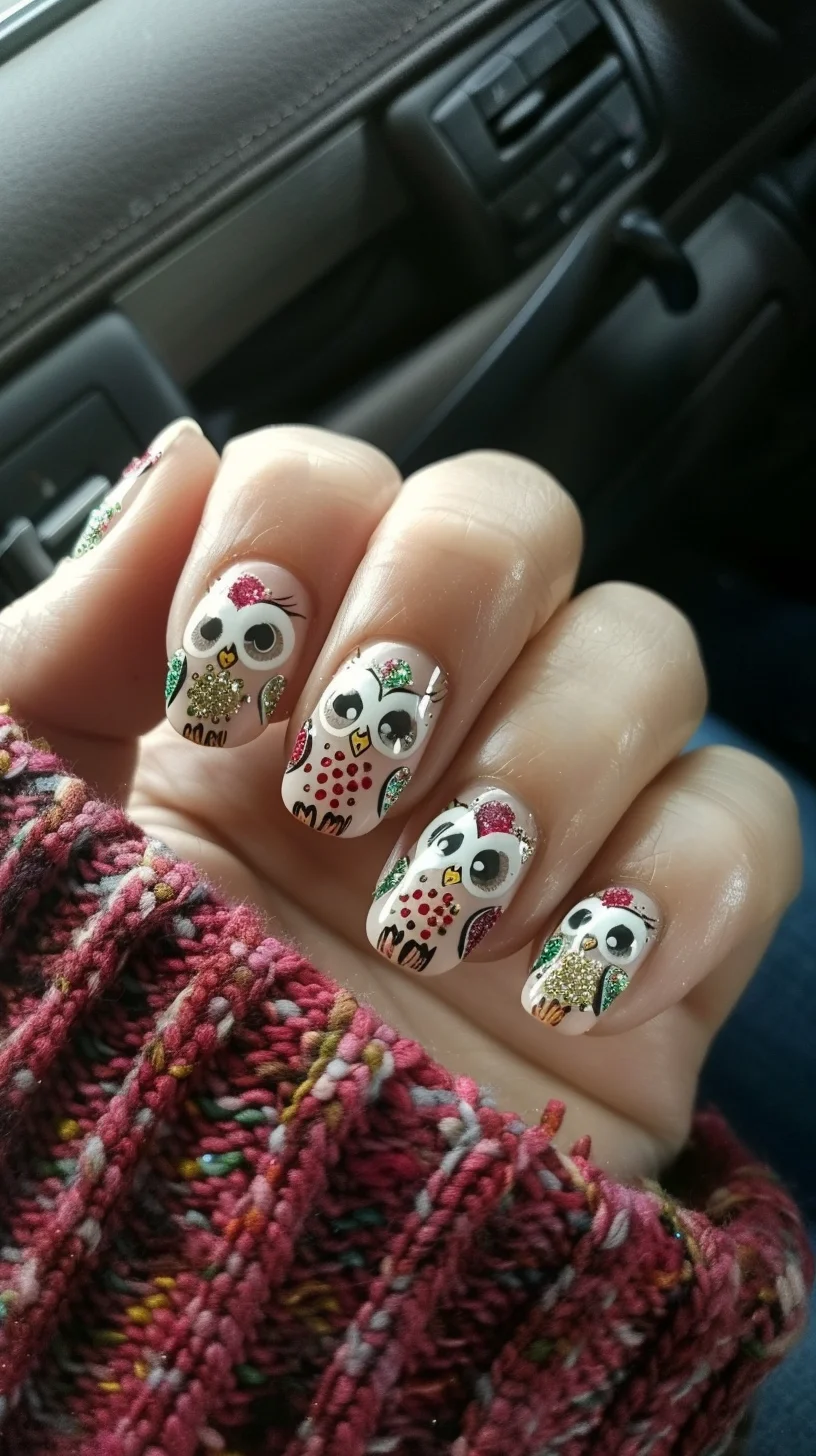 These nails feature festive owls with glittering hats and multi-colored feathers. The combination of red, green, and gold accents brings a cheerful, holiday-inspired feel to this delightful design.