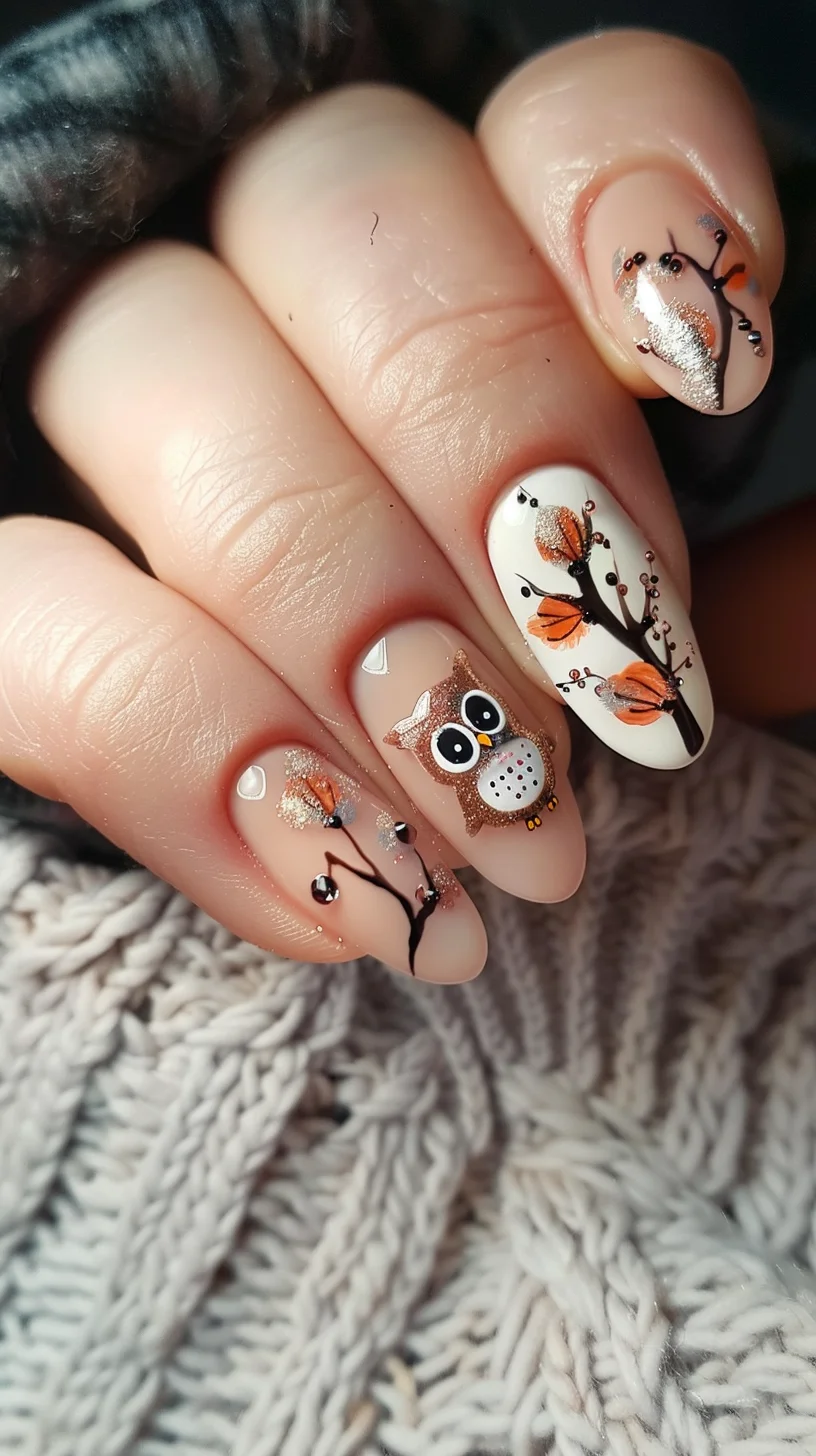 This adorable owl nail art combines earthy tones with subtle glitter and floral accents. The detailed owl designs perched on branches create a cozy, autumn-inspired manicure perfect for the season. 