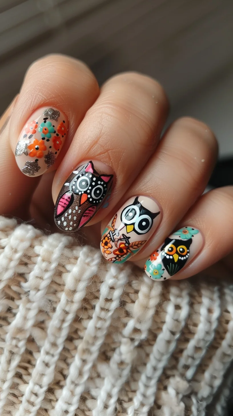 Featuring bright and playful owls with bold outlines, this nail art is fun and quirky. The mix of floral and geometric patterns adds depth and interest, making your nails a standout accessory.