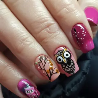 This design combines pink and purple hues with intricate owl illustrations and delicate tree branches. The glitter and jewel accents add a touch of glamour, making it a chic choice for any occasion.