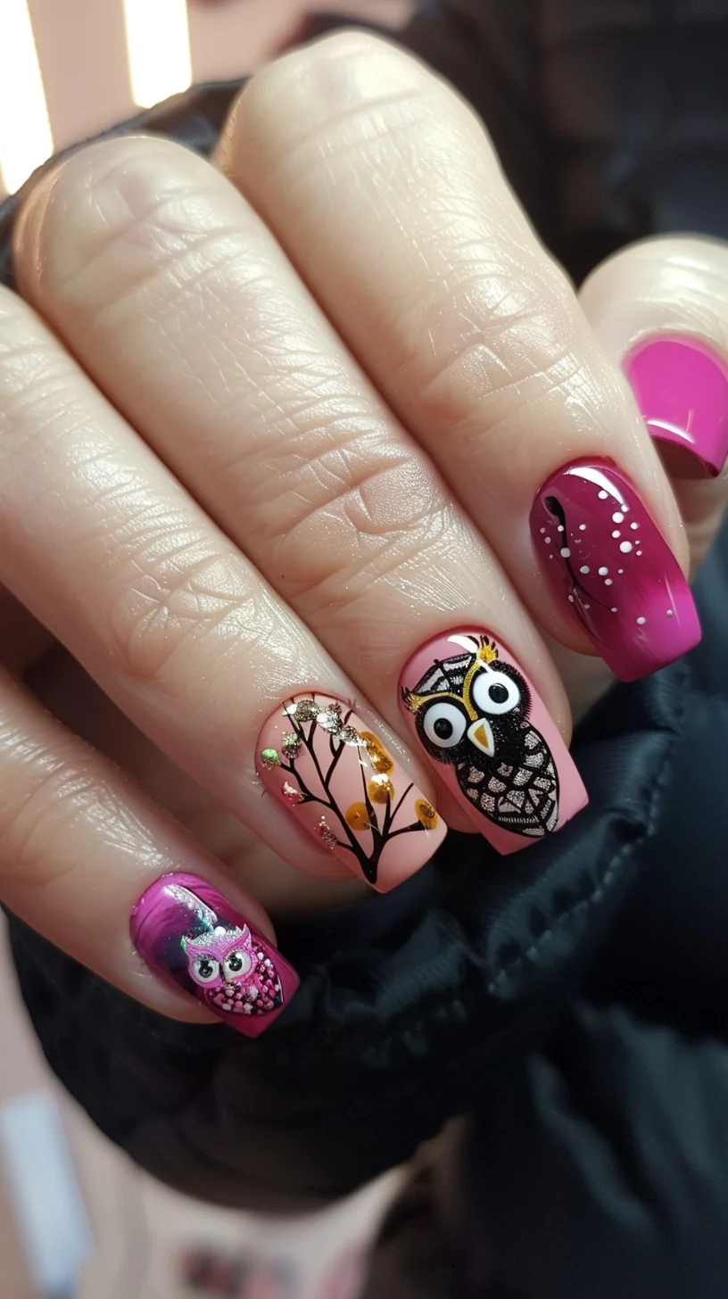 This design combines pink and purple hues with intricate owl illustrations and delicate tree branches. The glitter and jewel accents add a touch of glamour, making it a chic choice for any occasion.