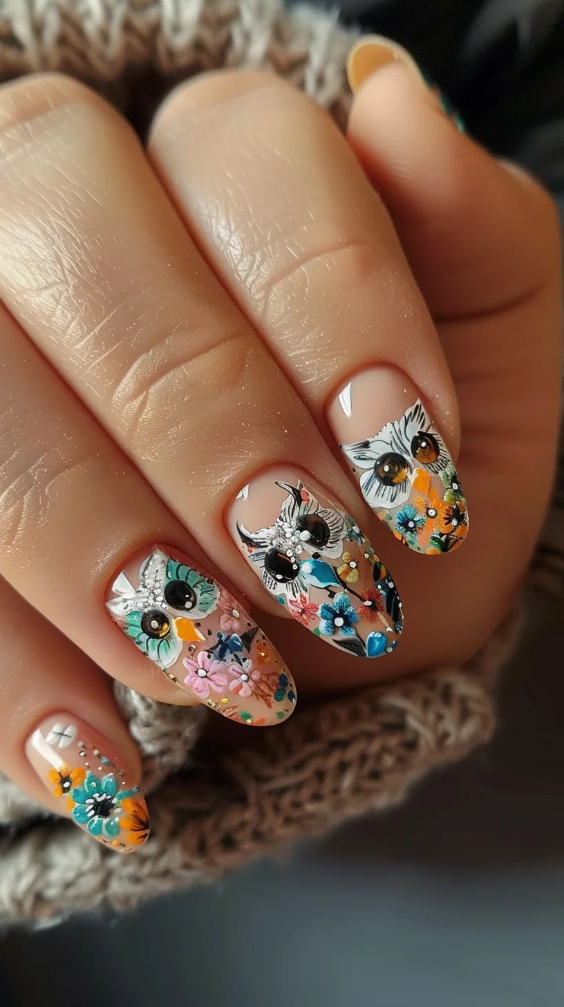 Bursting with color and floral elements, this owl nail art is detailed and lively. The mix of flowers and owls creates a whimsical garden on your nails, perfect for a cheerful and vibrant look.
