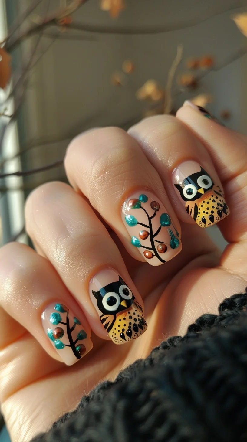 Minimalistic yet enchanting, this design features black and gold owls on a natural base, with a tree branch motif adding an earthy touch. The subtle glitter accents enhance the overall elegance of the design.