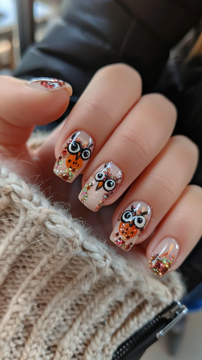 A festive design featuring cute owls adorned with glitter and vibrant orange hues. This nail art combines sparkle with whimsical owl illustrations, creating a fun and eye-catching manicure.