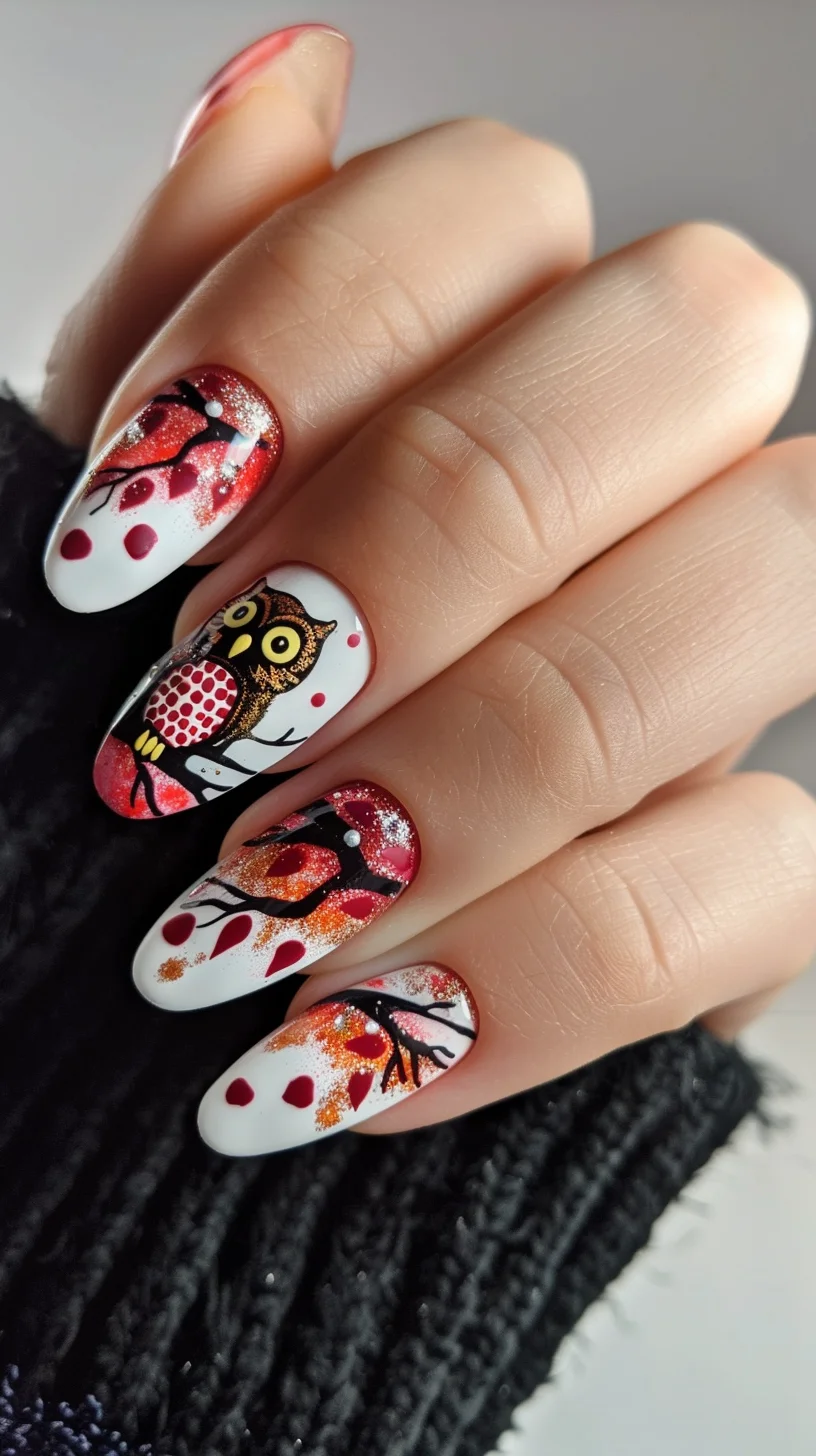 With a deep red and white color scheme, this owl nail art design features a charming owl perched on a branch. The glitter accents and autumn leaves add a seasonal flair, perfect for a cozy, stylish look.