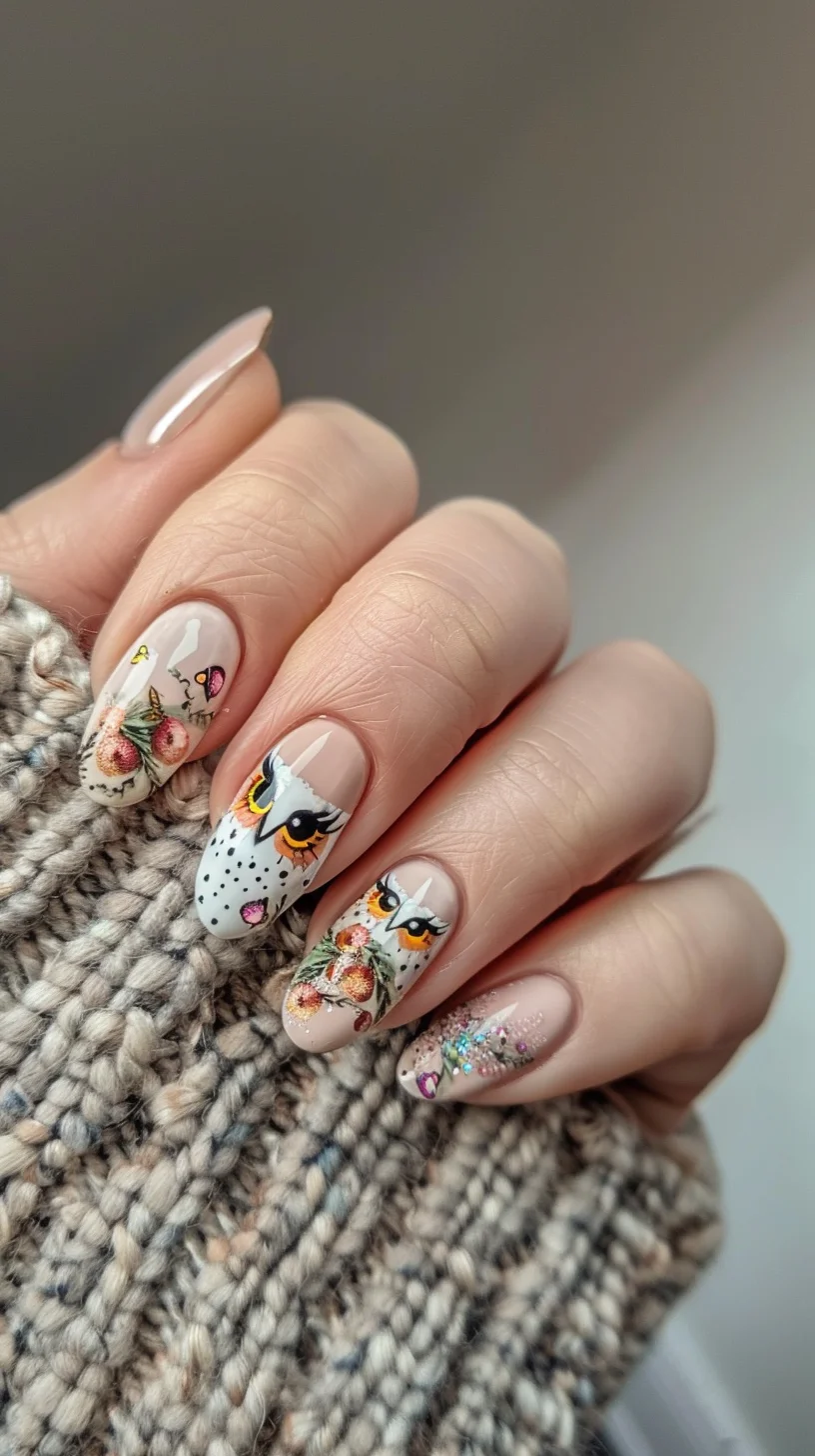 Delicate and elegant, this nail art showcases owls surrounded by floral patterns. The neutral base color highlights the detailed owl illustrations, making them stand out while maintaining a sophisticated look.