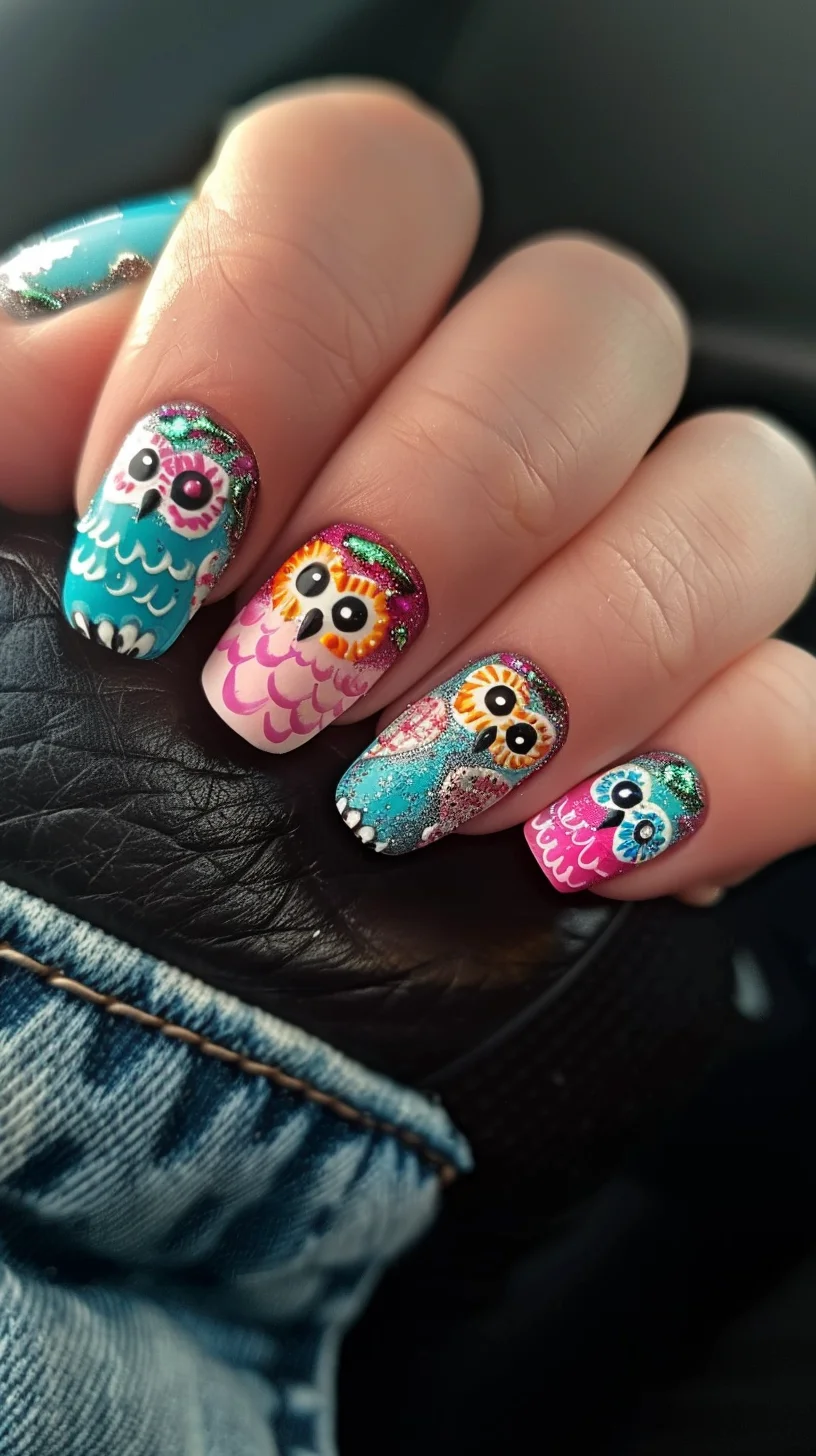 This vibrant owl nail art features colorful, cartoonish owls with intricate detailing and glitter accents. The lively hues of blue, pink, and orange make the design pop, adding a playful touch to your nails.