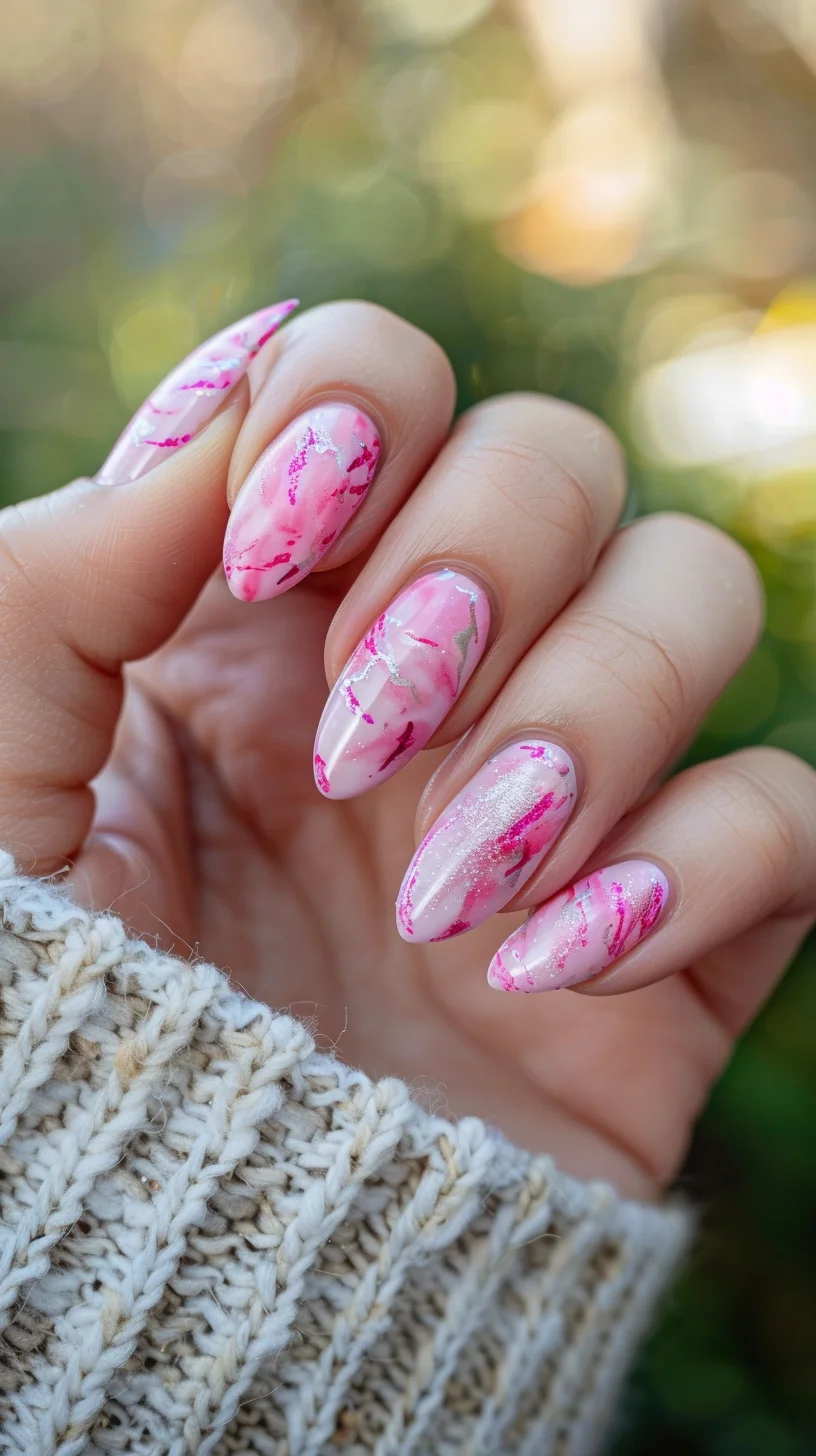 Experience the beauty of nature with this exquisite nail design featuring soft pink swirls and a touch of silver glitter. The delicate marble effect creates a sense of movement and fluidity, adding an artistic flair to your manicure.