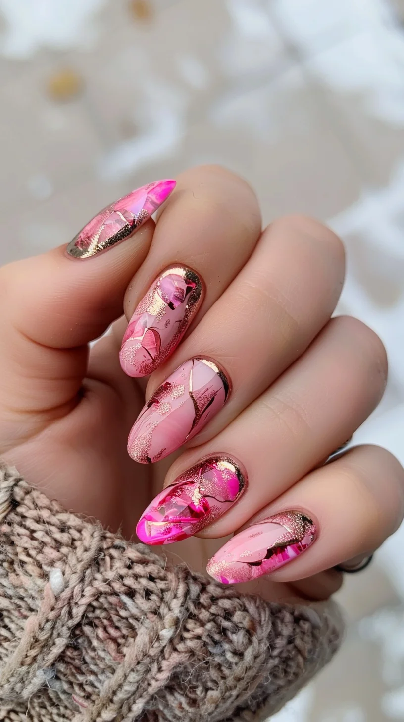 This nail art design features a captivating mix of pink shades, highlighted with metallic accents. The combination of matte and glossy finishes adds texture and contrast, resulting in a dynamic and visually appealing look.