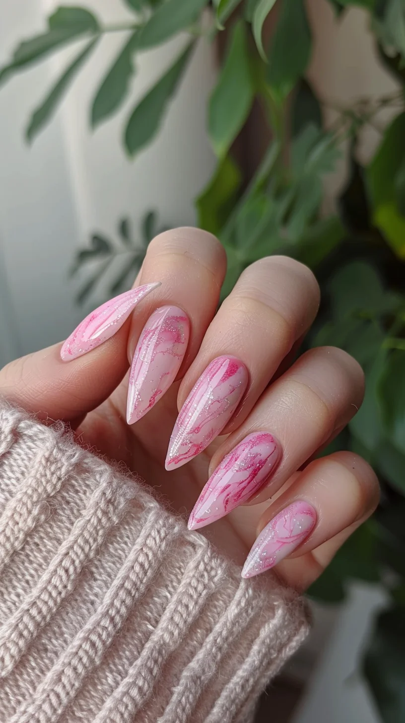 A sophisticated and romantic design showcases pale pink nails adorned with intricate pink and white marbling. The addition of glitter provides a touch of glamour, making this manicure perfect for a special event.