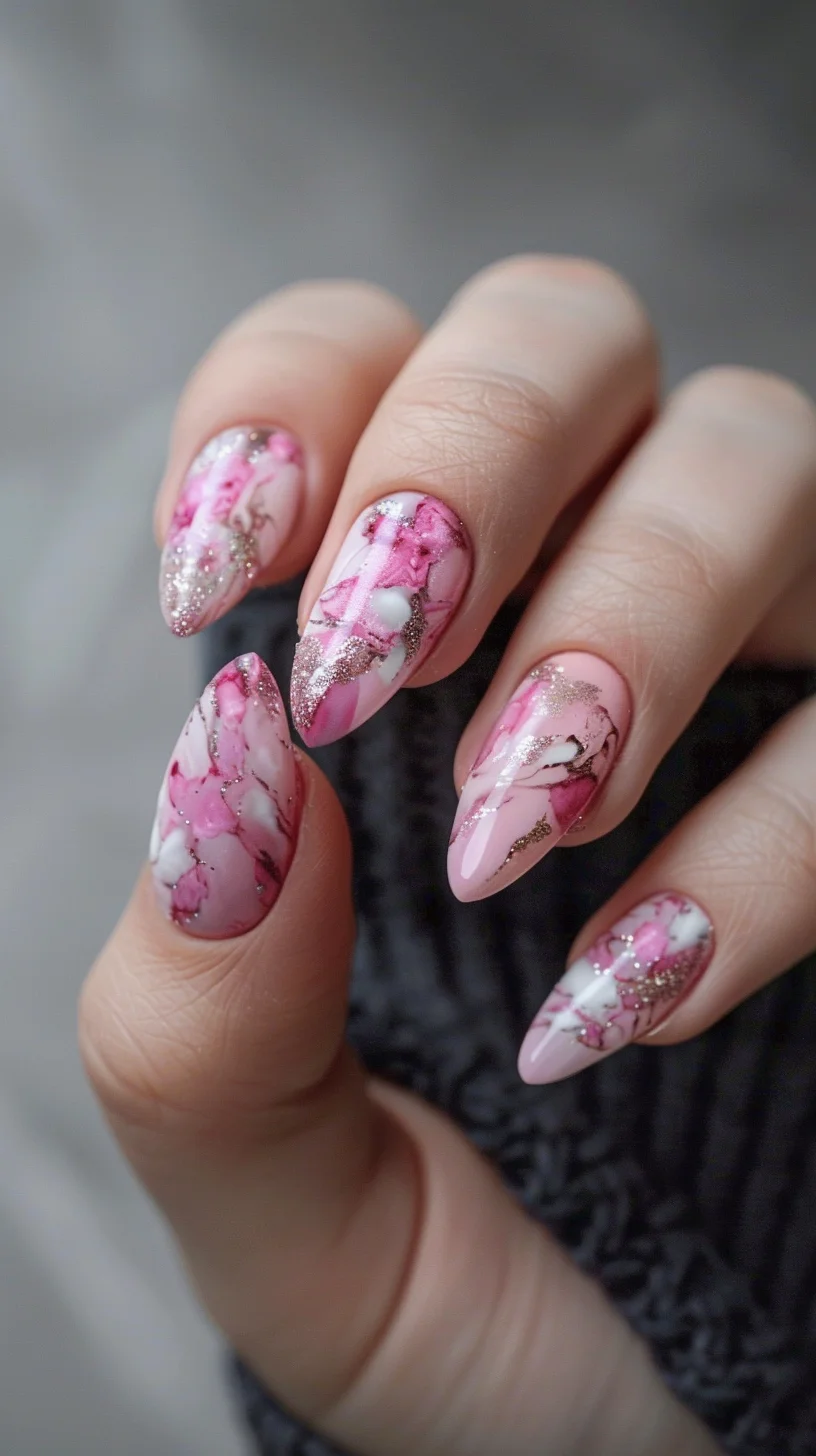 This manicure captures the essence of femininity with its soft pink base and delicate marbled pattern. The subtle glitter adds a hint of sparkle, creating a refined and elegant look that is both timeless and versatile.