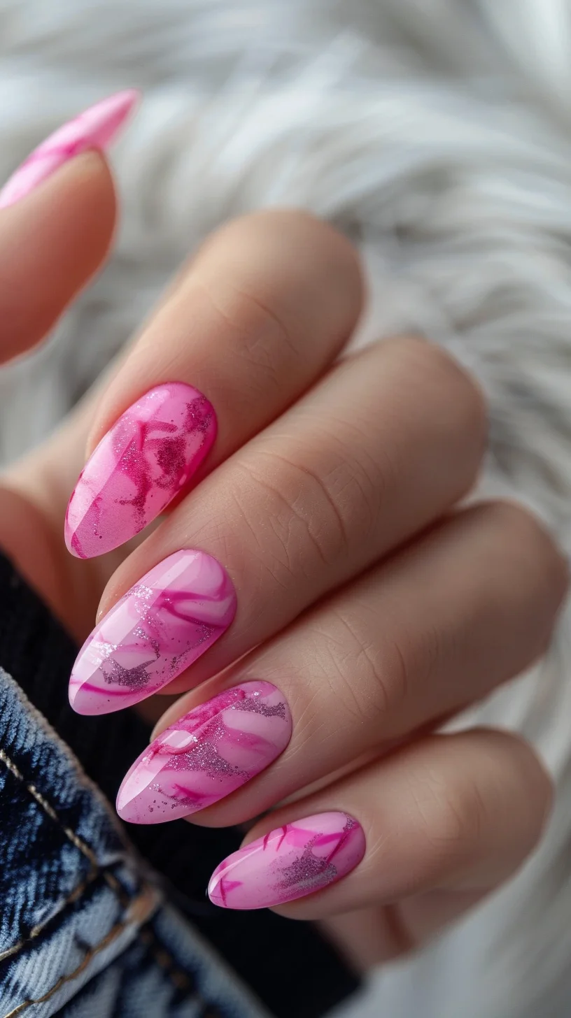 A stunning blend of pink hues and metallic elements make this nail design truly stand out. The intricate marbling and glitter accents create a luxurious and glamorous appearance, perfect for those who love to make a statement.