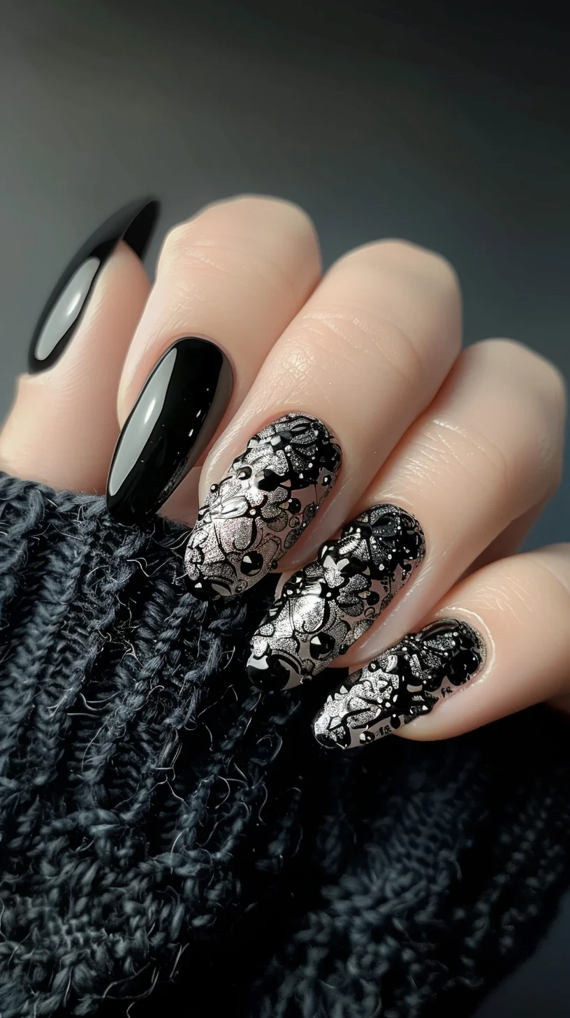 Glossy black nails feature elaborate black lace patterns on the ring and middle fingers. The lace designs are adorned with tiny black beads and metallic accents, creating a textured and luxurious look. Nails are long and almond-shaped, offering a sophisticated appearance.