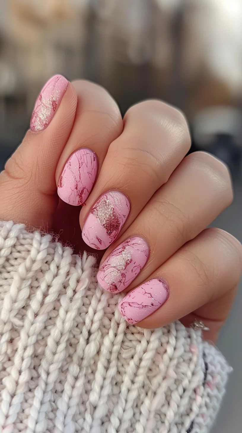 These nails feature a beautiful interplay of light and dark pink shades, enhanced by a marbled effect and glitter highlights. The combination of textures and colors creates a sophisticated and modern look, ideal for any occasion.