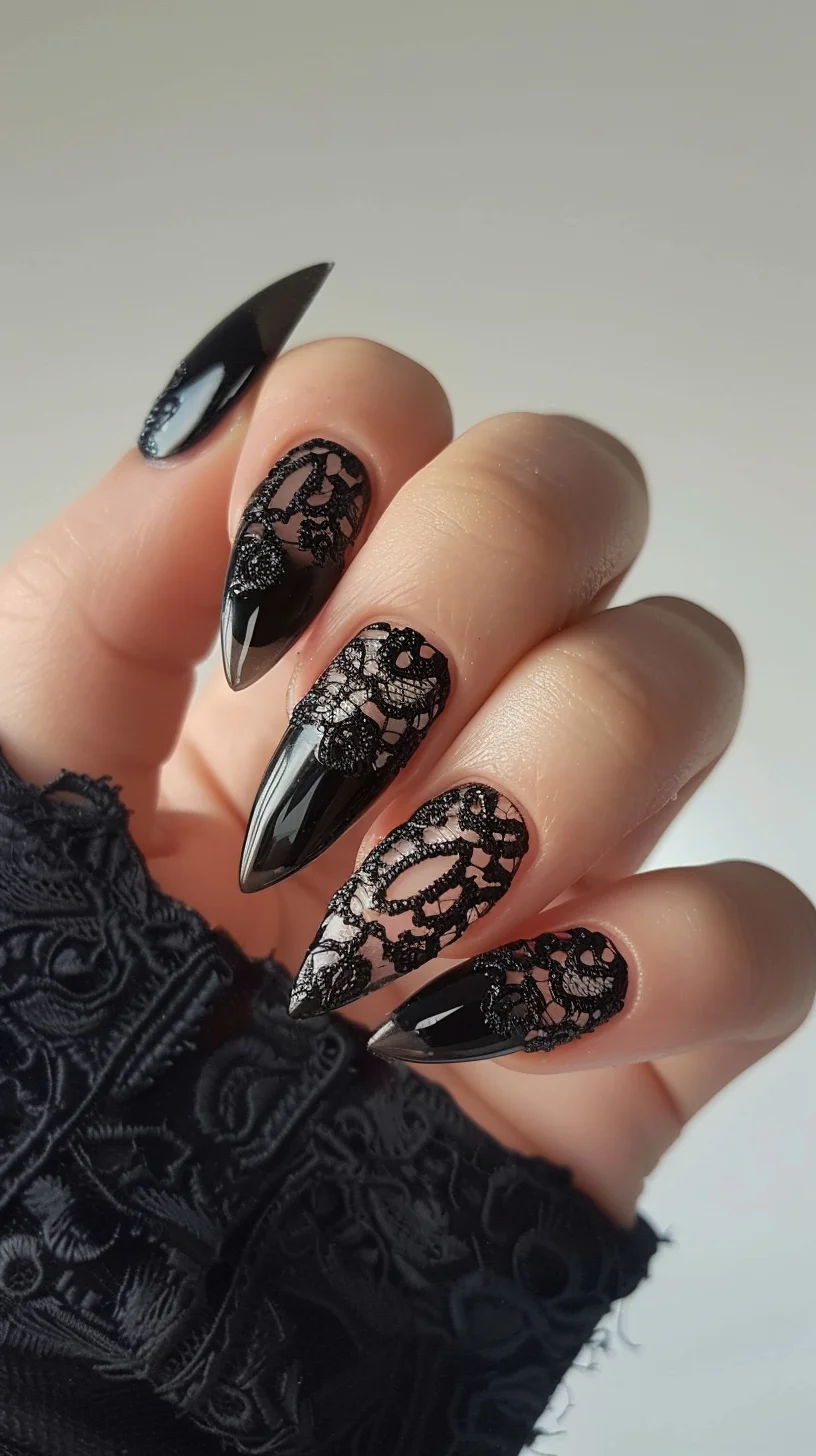 Stiletto-shaped nails combine a glossy black base with intricate black lace designs over a nude background. The lace patterns feature floral motifs, adding an elegant and delicate touch to the bold and sharp shape of the nails, making them stand out.