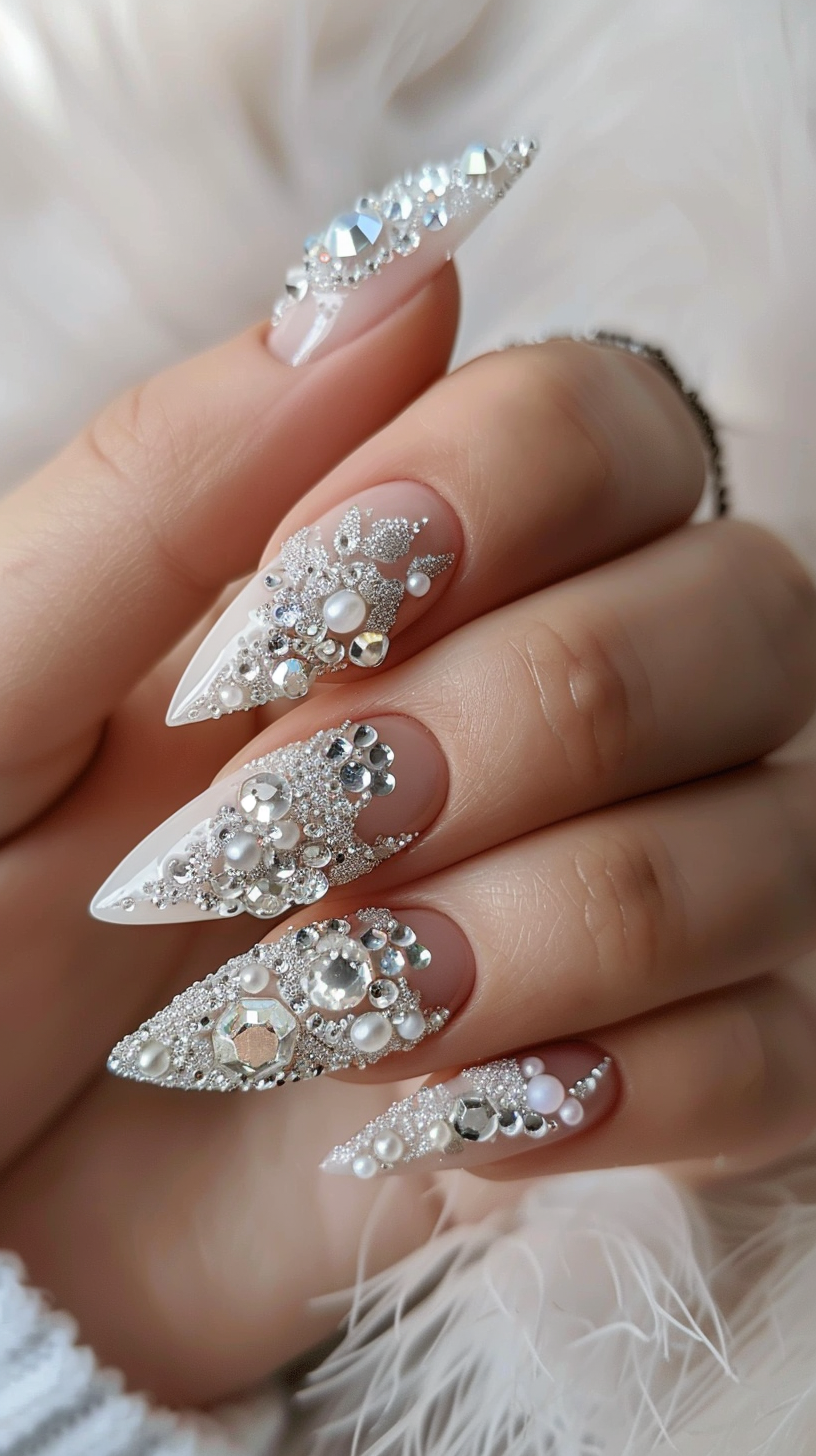 These nails feature a stunning mix of large and small crystals, intricately placed on a sharp, almond-shaped design. The combination of clear and pearlescent gems creates an elegant, opulent look, perfect for a glamorous event or a special occasion where you want your nails to be the centerpiece.