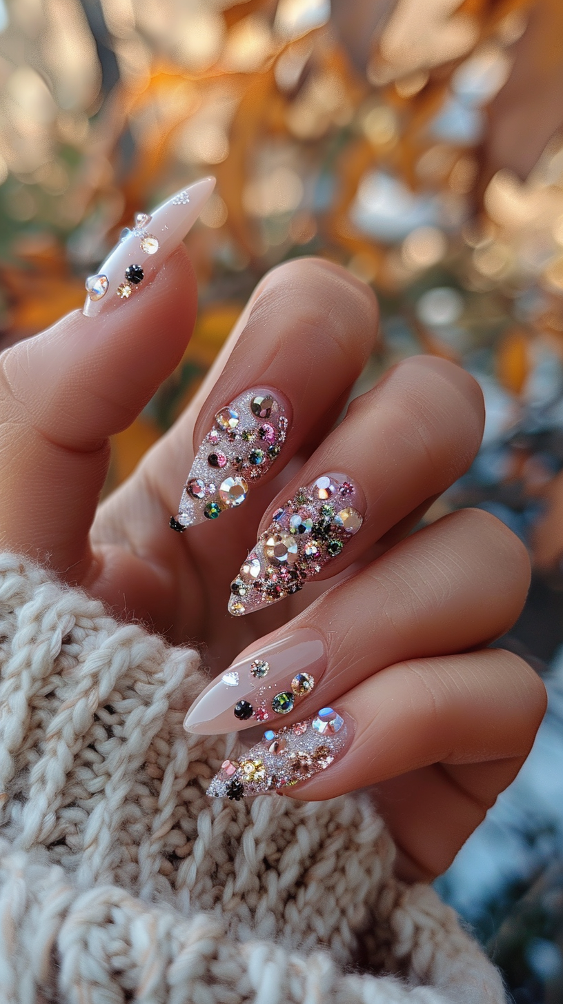 These nails showcase a stunning mix of vibrant crystals on a nude base, creating a dazzling gradient effect. The various sizes and colors of the gems add depth and dimension, making each nail a miniature masterpiece perfect for any festive occasion.