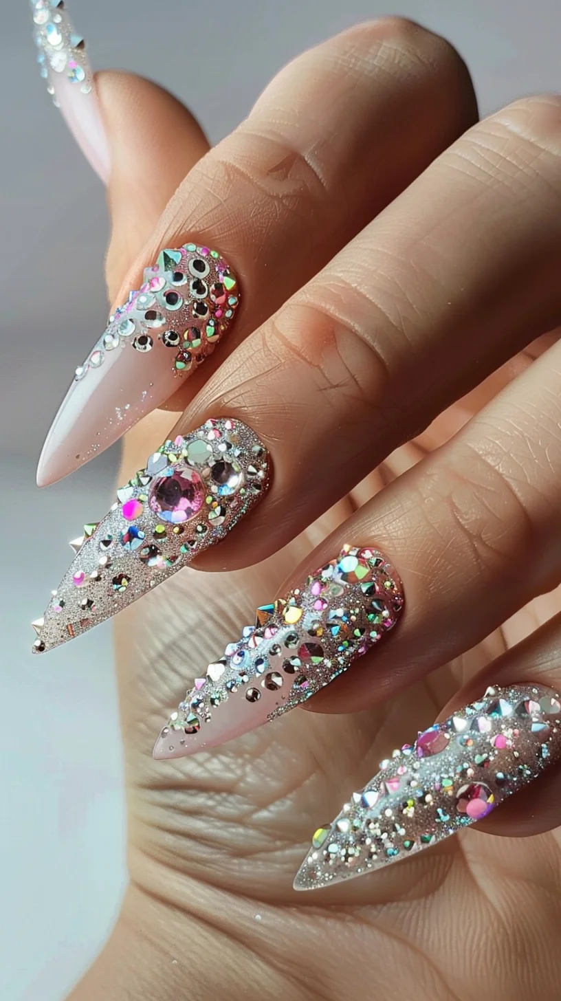 A bold design with large crystals set against a sparkling silver base, these nails exude luxury and glamour. The prominent gems catch the light beautifully, ensuring your nails will be the highlight of any event.
