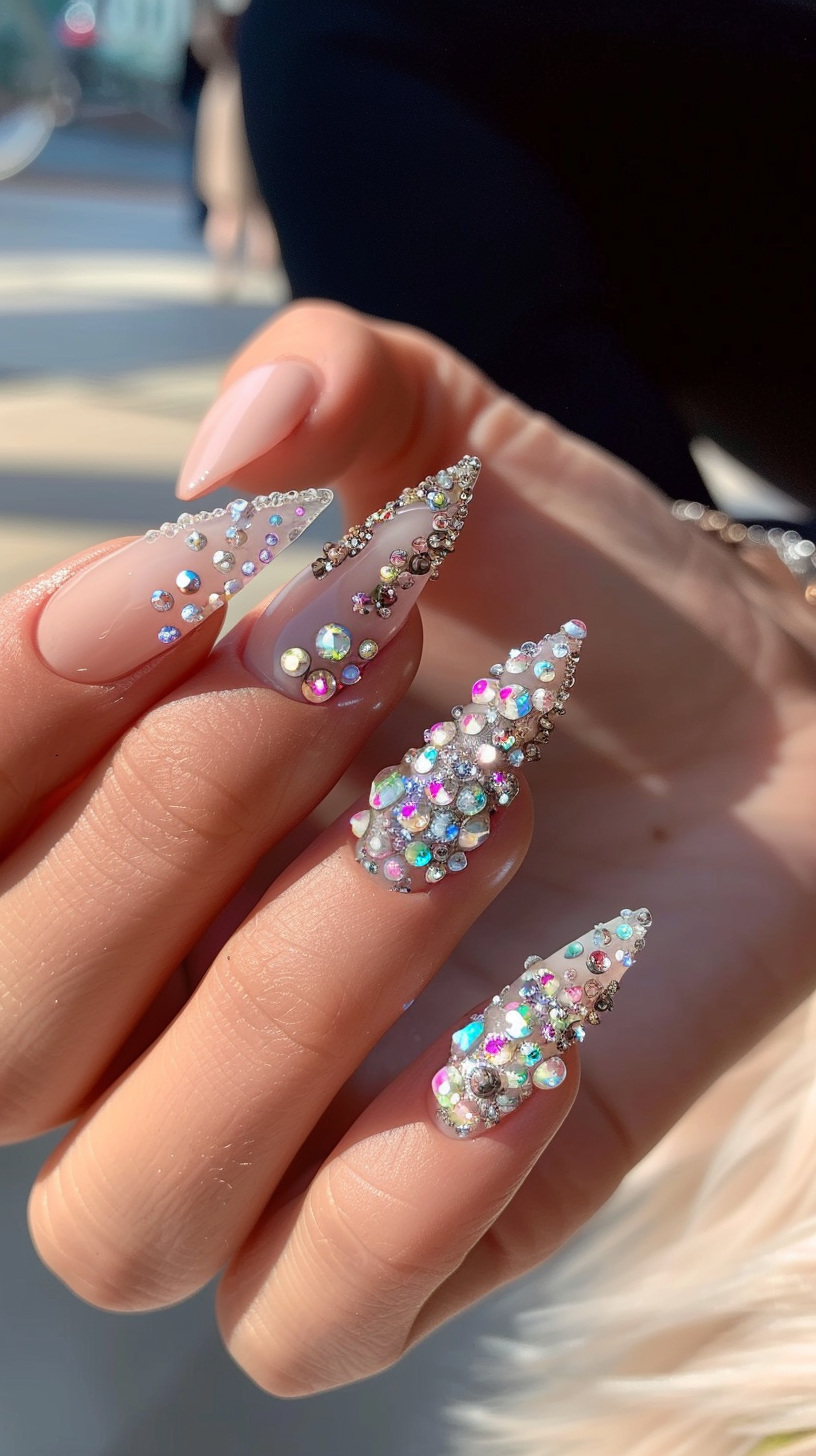 Featuring a chic combination of pink and clear crystals, these nails are both playful and elegant. The intricate placement of the gems creates a dynamic look that is sure to stand out in any crowd, adding a touch of fun to your style.