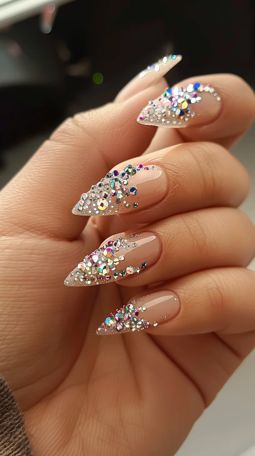 These nails are adorned with a delightful mix of multicolored crystals, giving them a vibrant and lively appearance. The strategic placement of the gems creates a beautiful flow, making your nails look like a cascade of sparkling jewels.