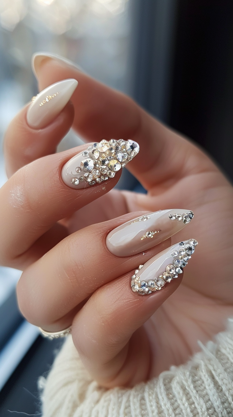 These nails are adorned with a delightful mix of multicolored crystals, giving them a vibrant and lively appearance. The strategic placement of the gems creates a beautiful flow, making your nails look like a cascade of sparkling jewels.