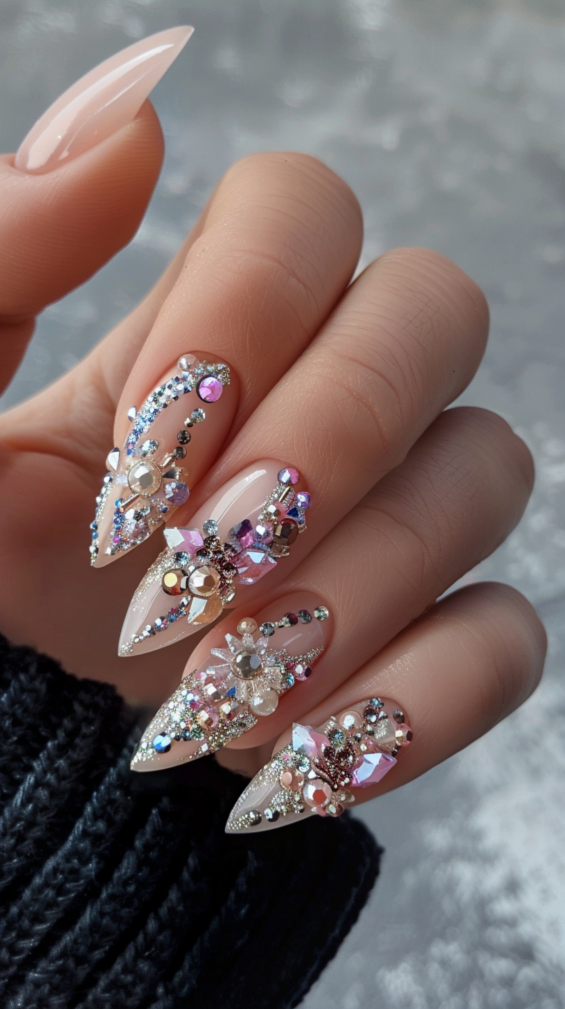 These nails are a true work of art, with a mix of clear and colorful crystals creating a stunning 3D effect. The intricate patterns formed by the gems make each nail unique, providing a luxurious and eye-catching look for any event.