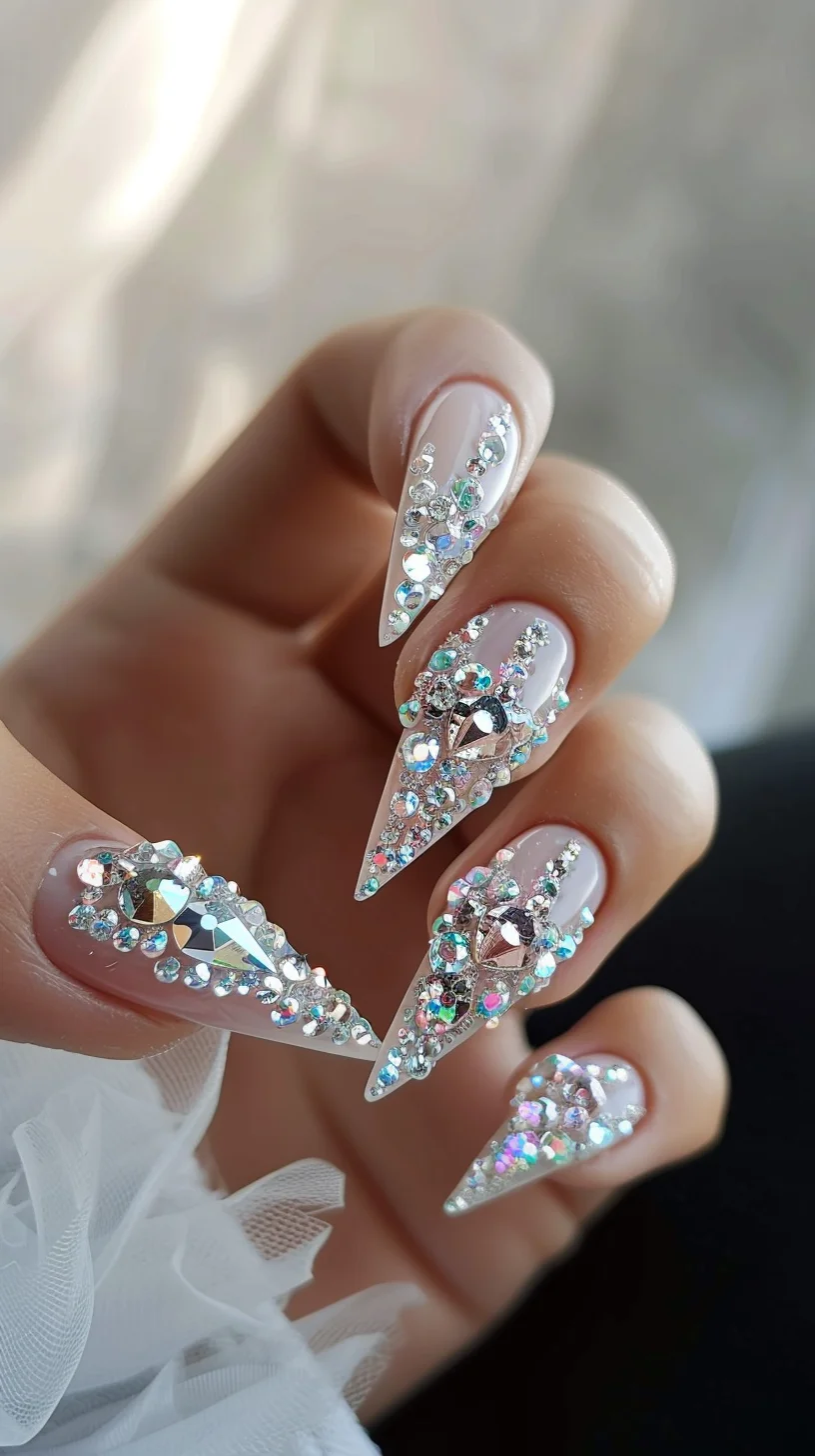 With a focus on metallic hues, these nails feature a combination of gold and silver crystals. The mix of different gem shapes and sizes adds an element of surprise, making these nails perfect for those who love to experiment with their style.