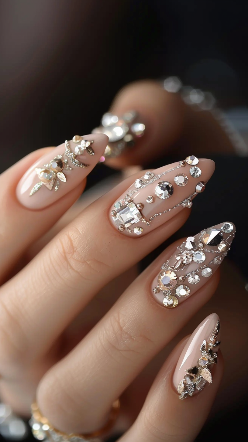 These nails are a celebration of sparkle, with an abundance of clear crystals set against a nude base. The simplicity of the design highlights the beauty of the gems, making your nails look effortlessly glamorous.